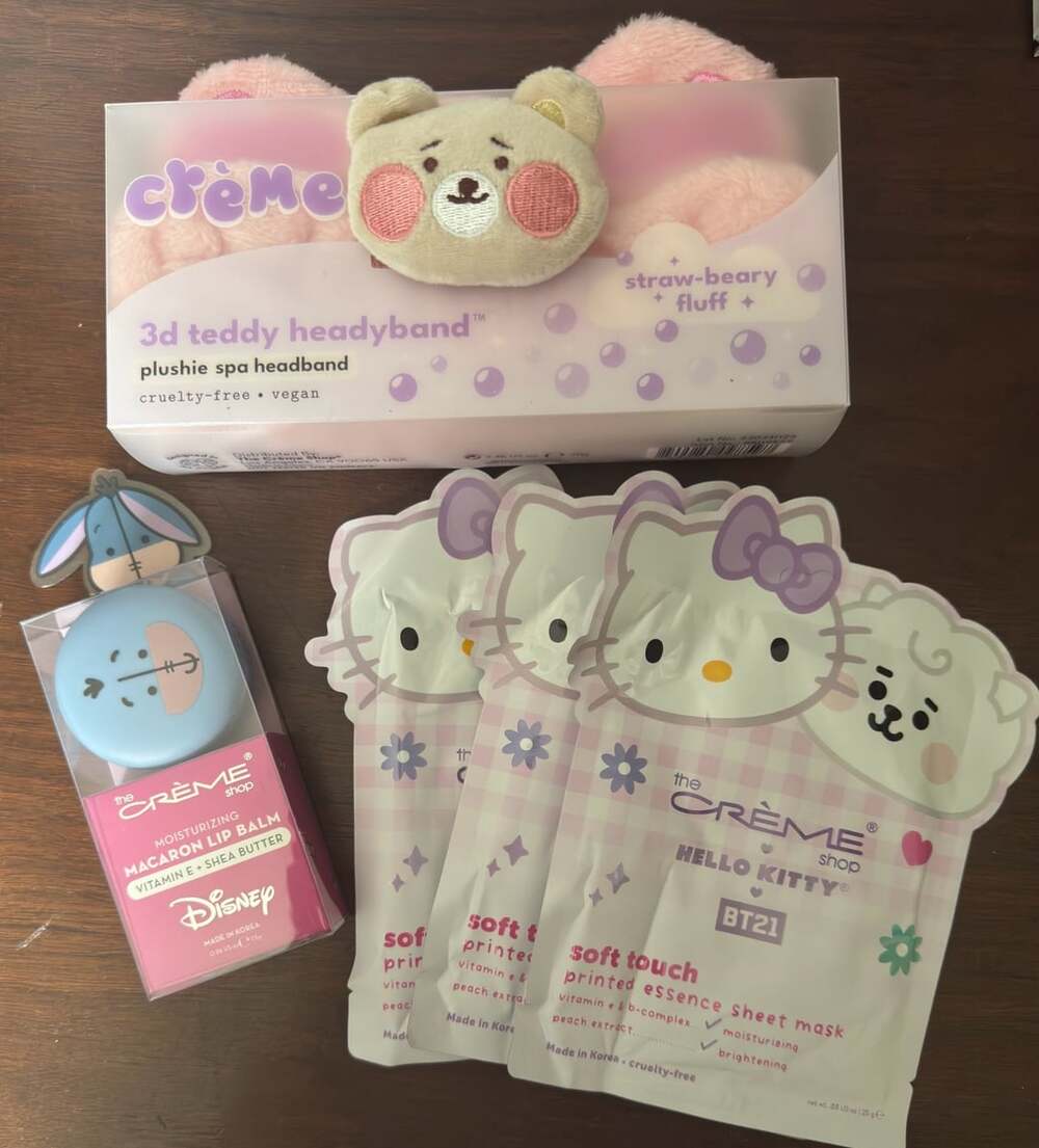 The Crème Shop lot headband, lip balm and sheet masks. Disney